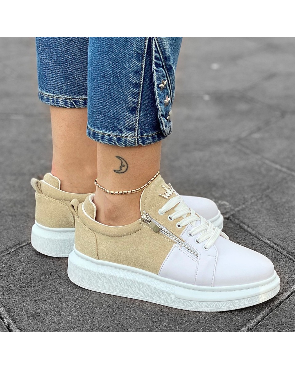 Women's Hype Sole Zipped Style Sneakers In Latte-White