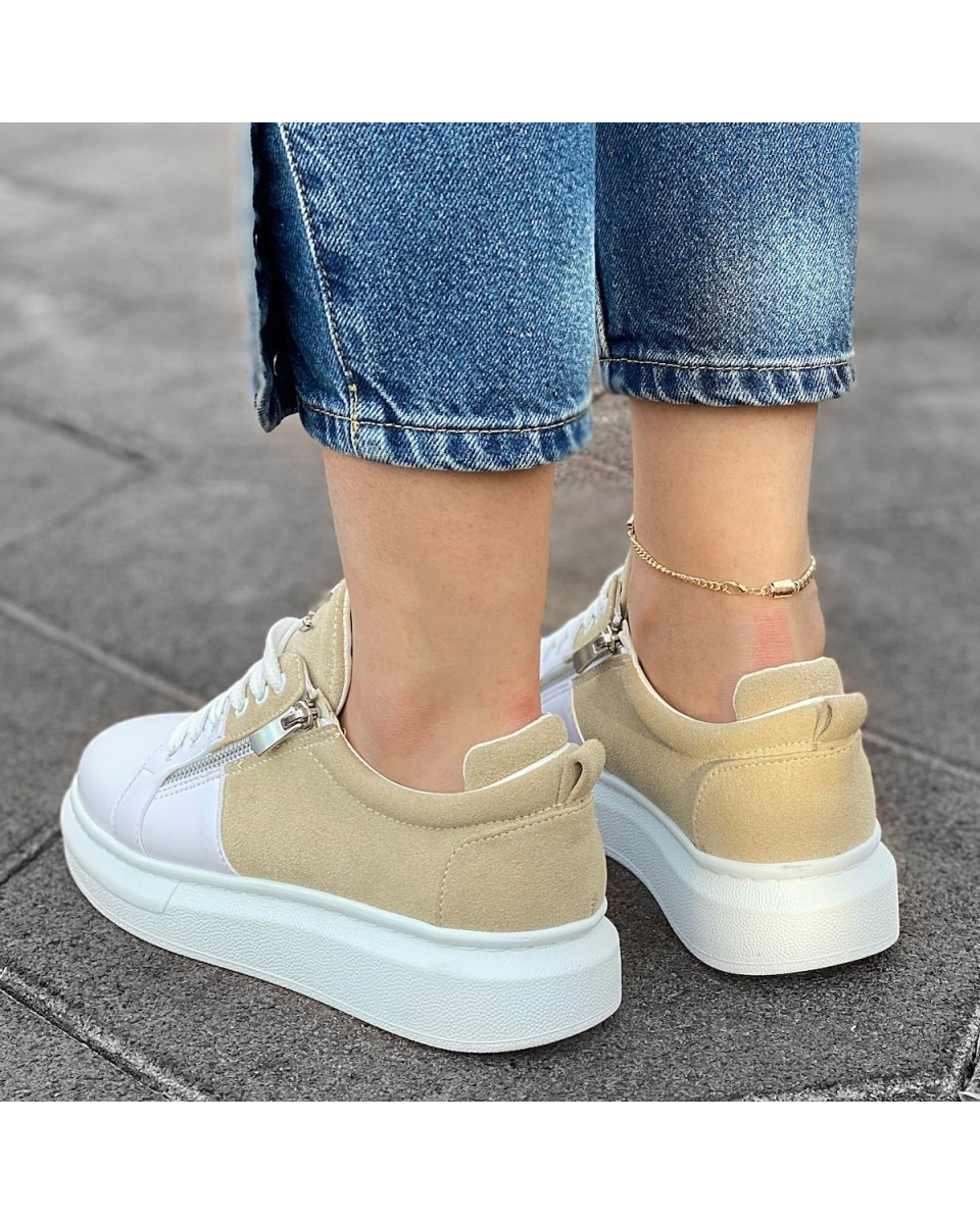 Women's Hype Sole Zipped Style Sneakers In Latte-White