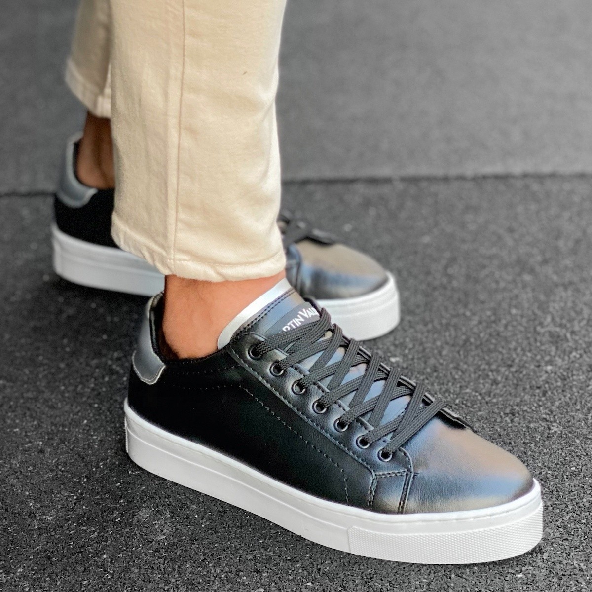 Uomo Basse Casual Sneakers Scarpe Argento-Nero - 1