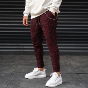 Pantalon De Survêtement Cachet À Carreaux Avec Détail Chaîne Pour Homme Rouge Claret