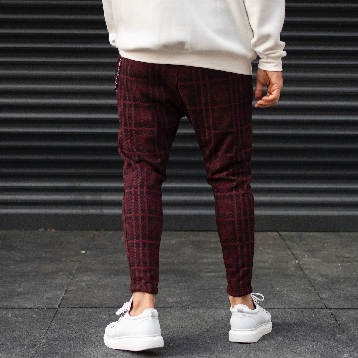 Pantalon De Survêtement Cachet À Carreaux Avec Détail Chaîne Pour Homme Rouge Claret