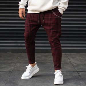 Pantalon De Survêtement Cachet À Carreaux Avec Détail Chaîne Pour Homme Rouge Claret