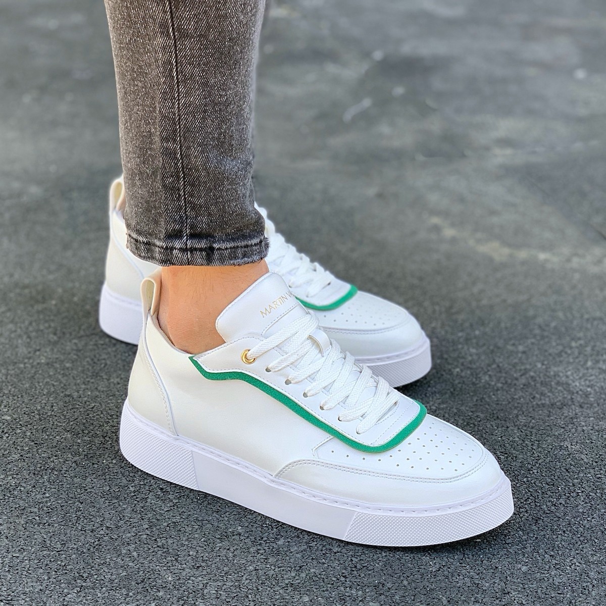 Hommes Plateforme Sneakers Ligne Verte Designer Basket Blanc - 1