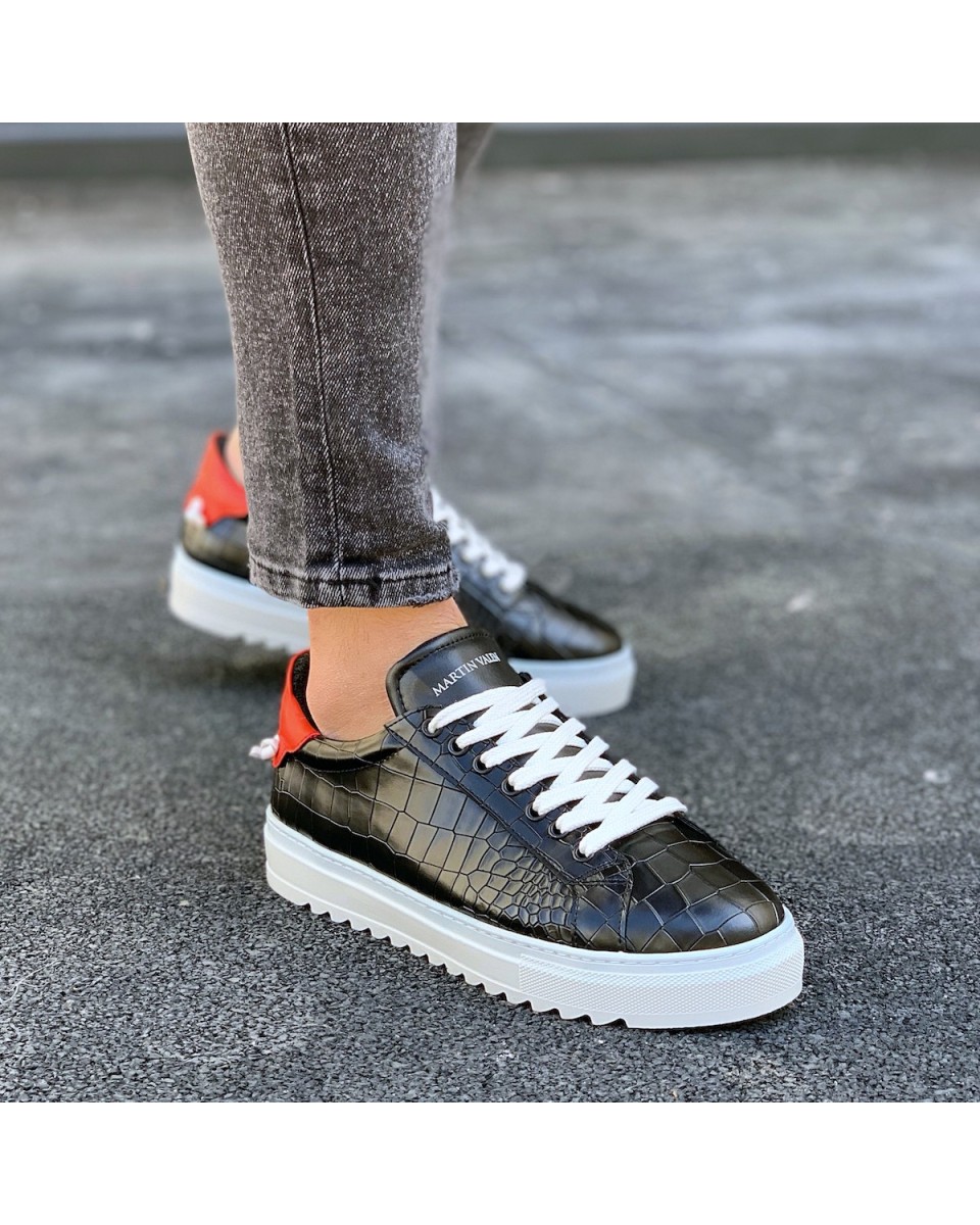 Uomo Basse Coccodrillo Sneakers Scarpe Nero-Bianco - 1