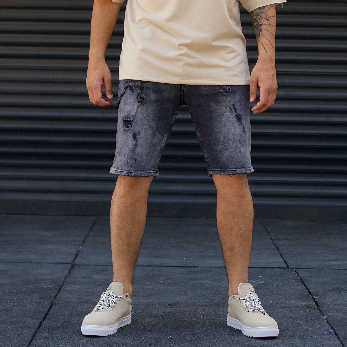 Men's Stonewashed Jeans Ripped Shorts Black - 1