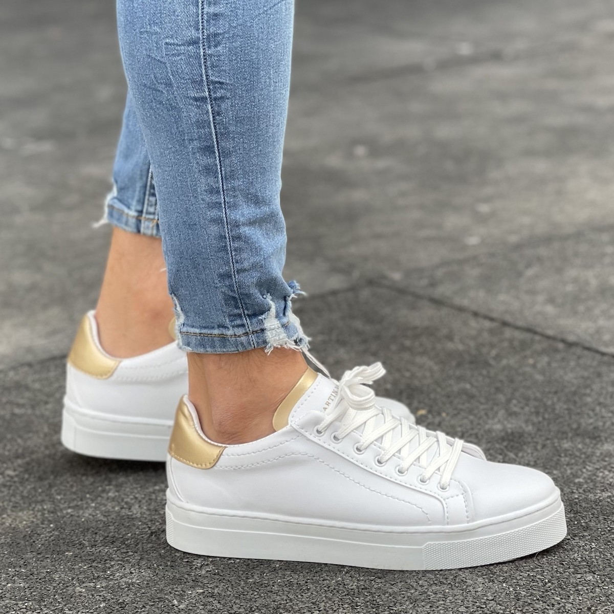 Hommes Bas Randonné Sneakers Basket Doré-Blanc - 3