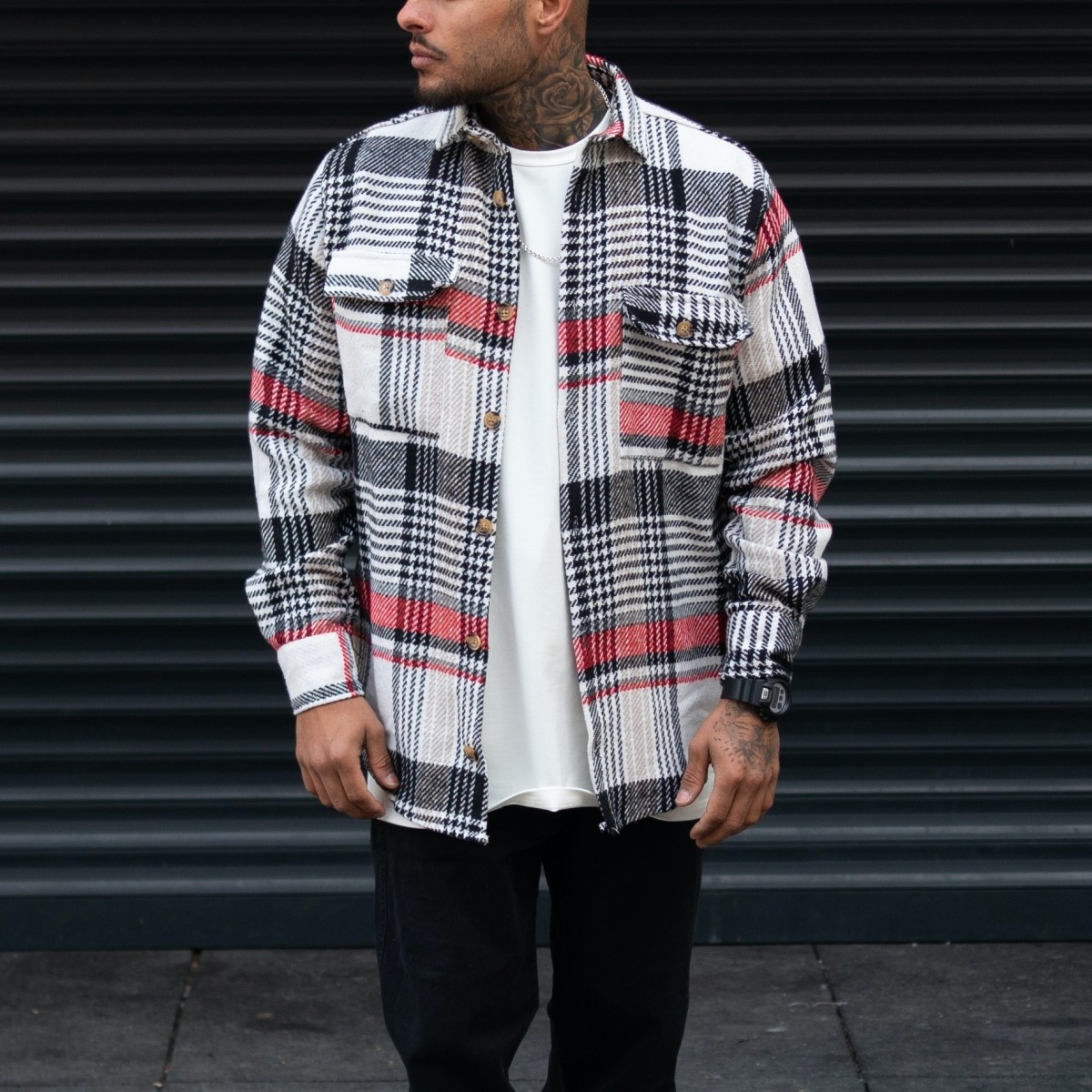 Men's Oversize Shirt Plaid Pattern Black-Red