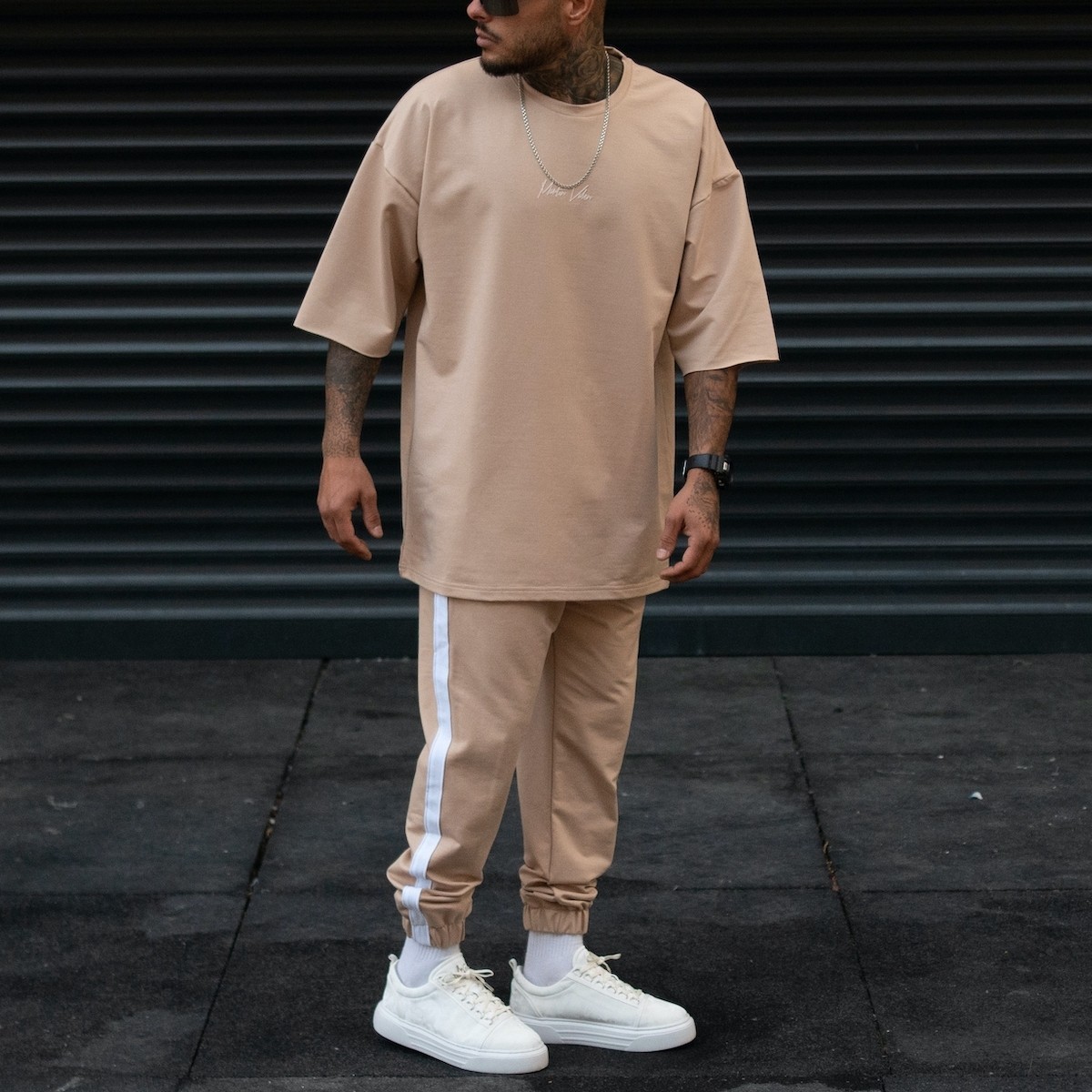 Survêtement Oversize Homme Design Rayé Spécial Crème