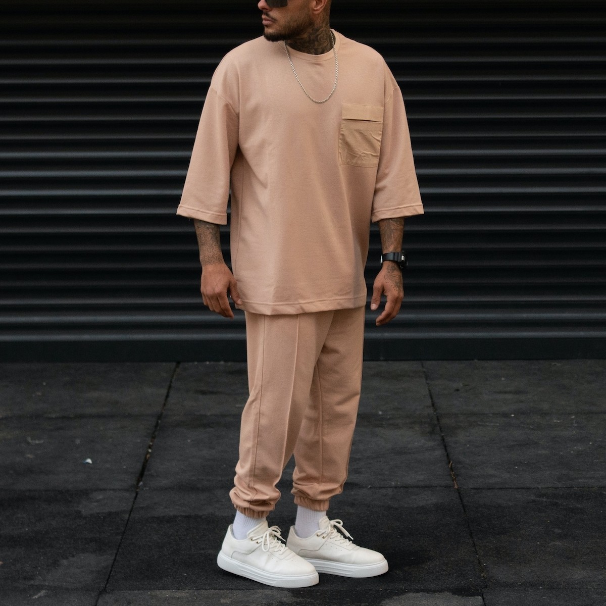 Men's Oversize Tracksuit Pocket Detail Light Designer Taupe - 3