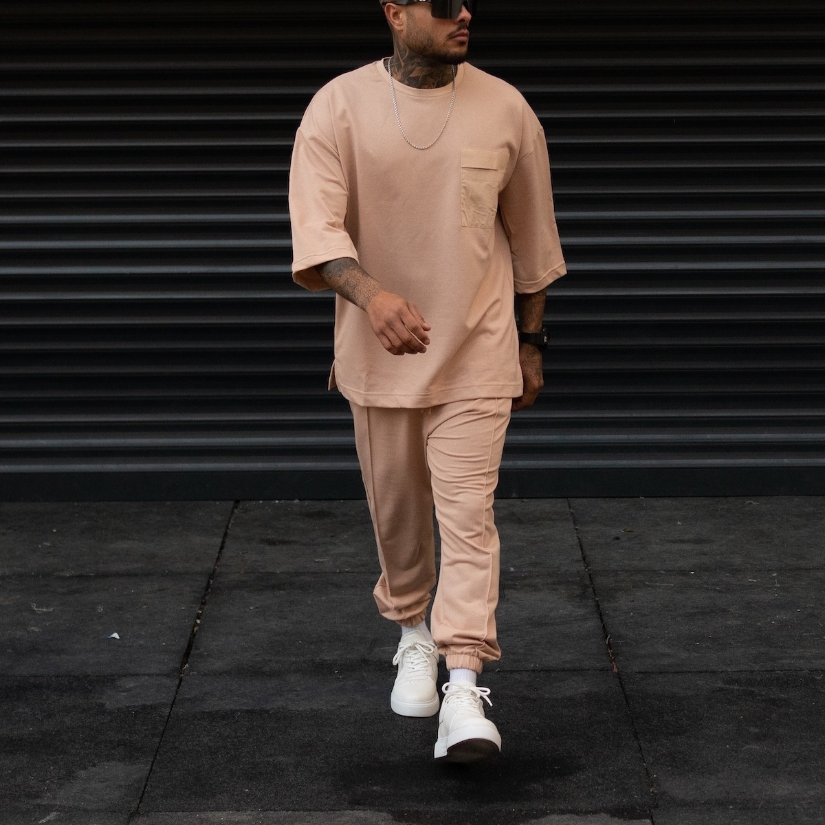Men's Oversize Tracksuit Pocket Detail Light Designer Taupe - 4