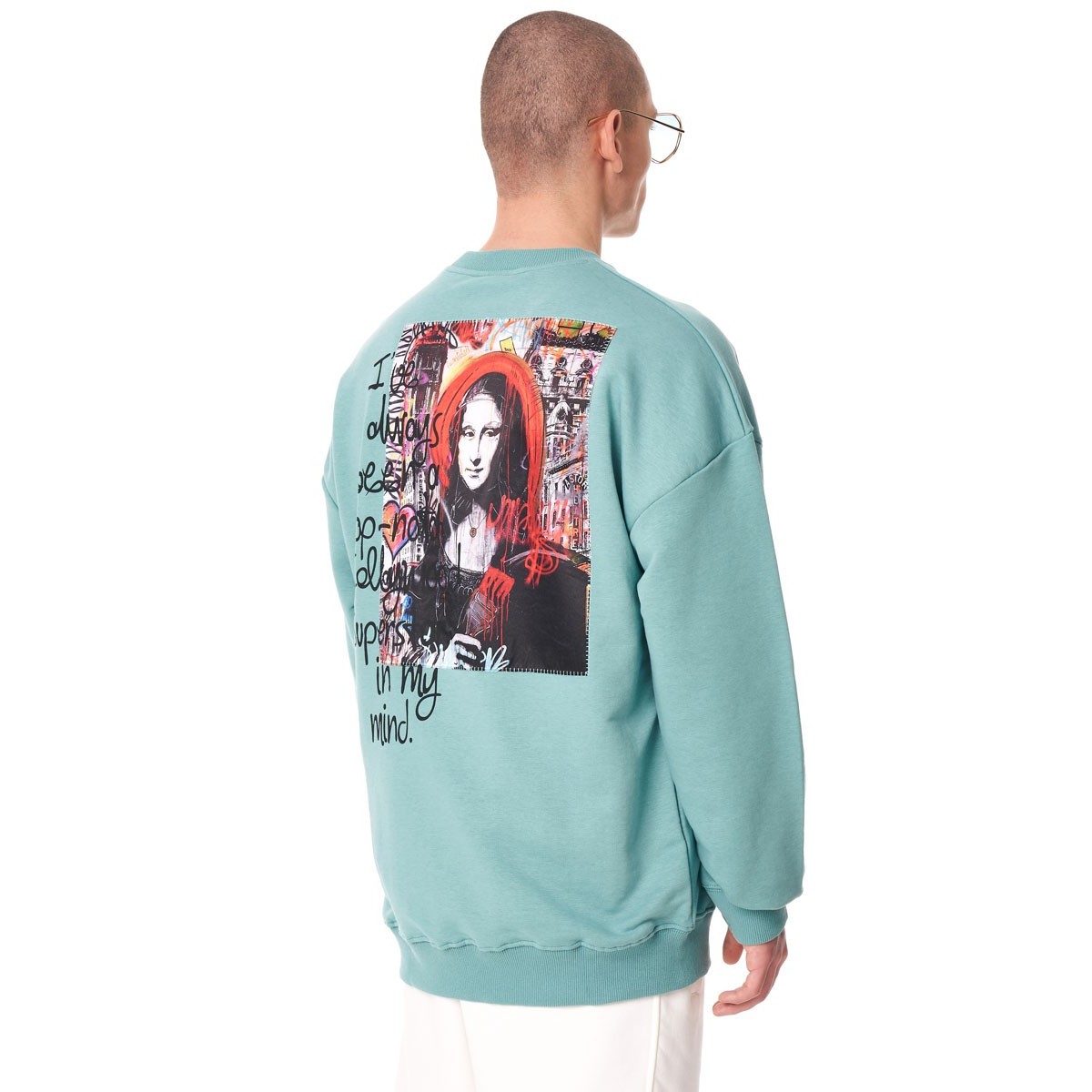 Men's Oversize Basic Sweatshirt With Designer Graphic Print Mint Green - 3