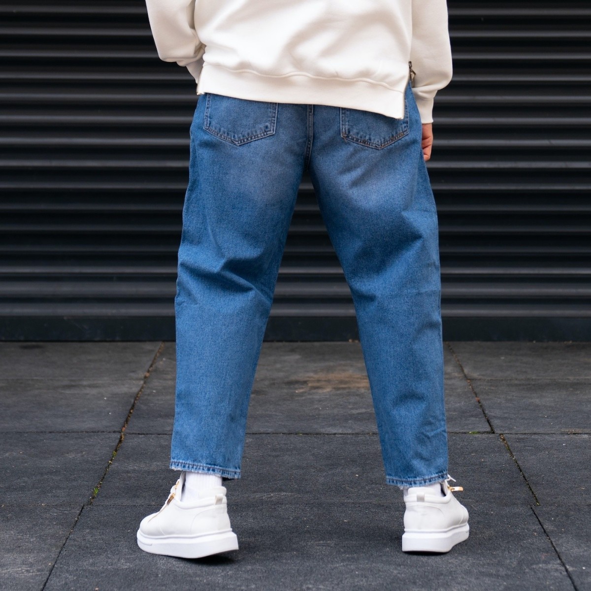 Men's Ripped Printed Baggy Jeans in Blue - 4