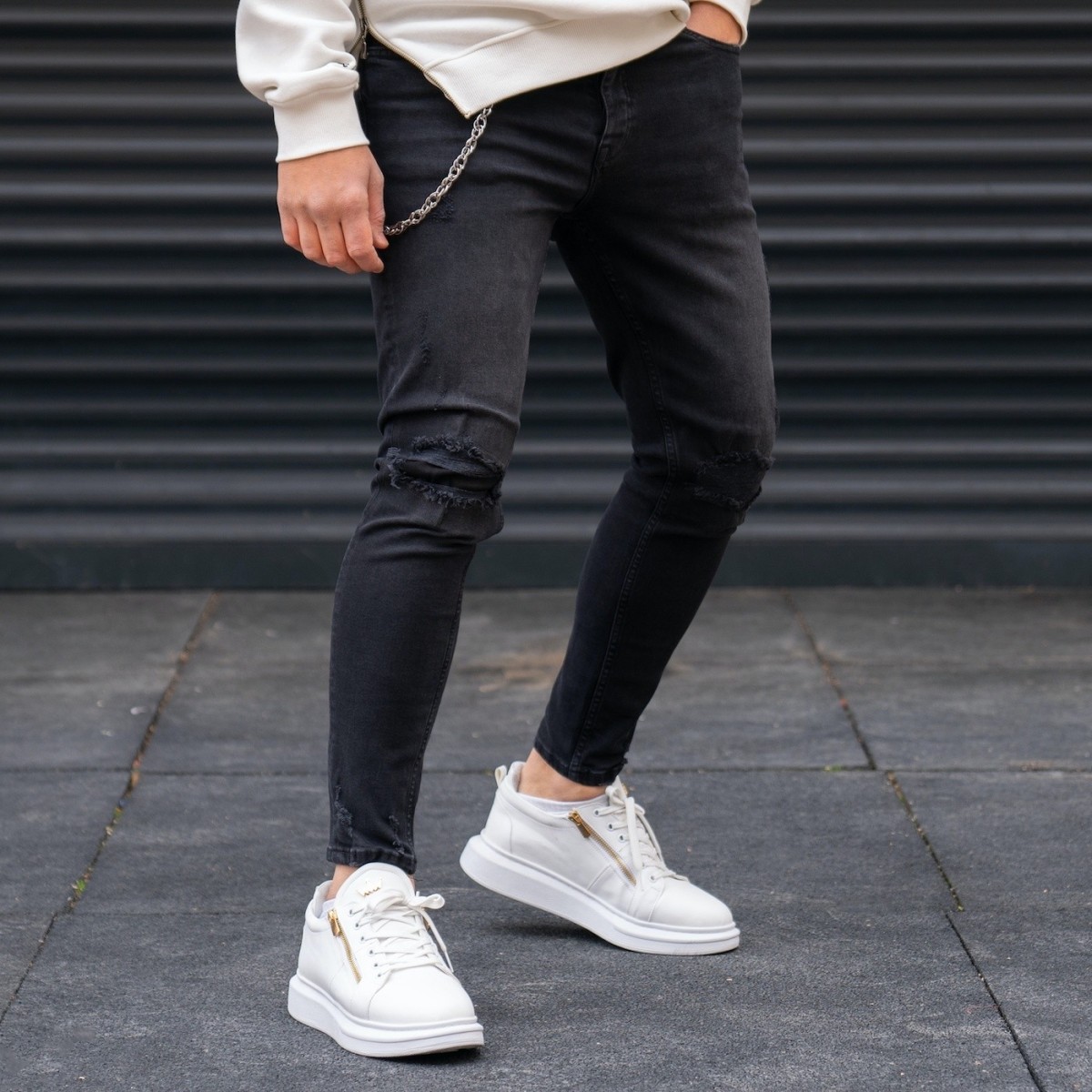 Men's Knees Ripped Smoked Black Jeans 2