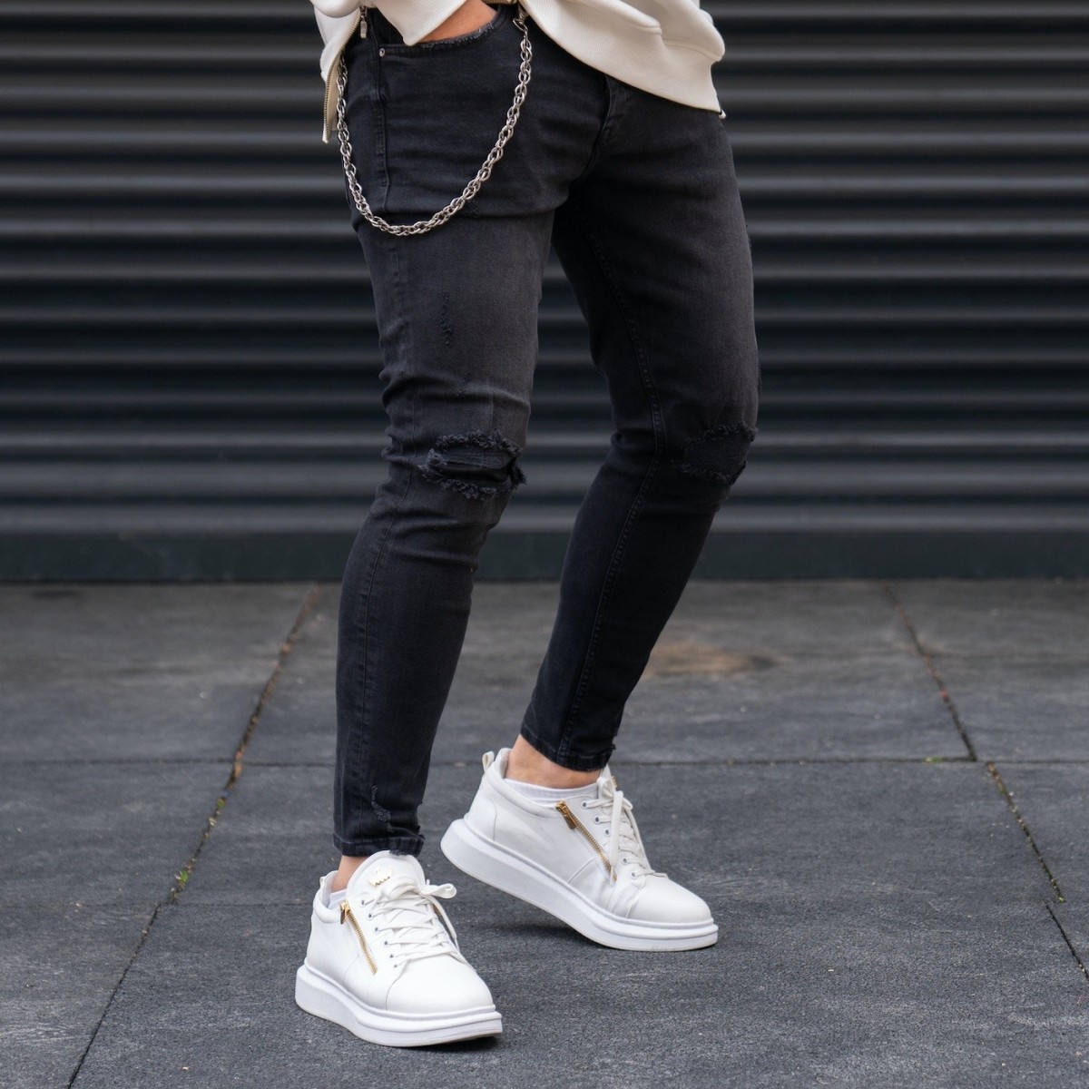 Men's Knees Ripped Smoked Black Jeans