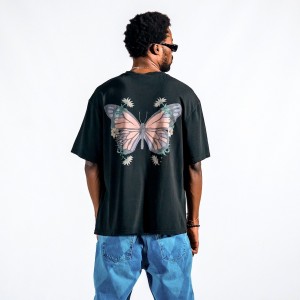 Men's Letter Butterfly Printed Oversize Black T-shirt