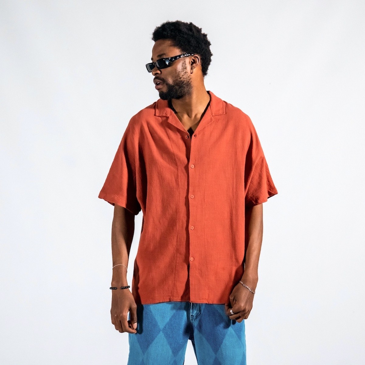 Men's Linen Fabric Oversized Tile Color Shirt - 2