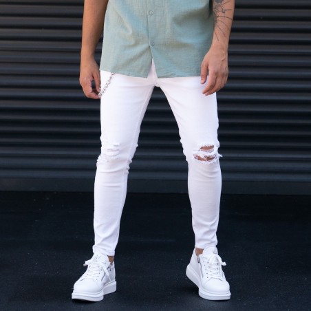 Men's Skinny Leg Ripped Knees White Jeans