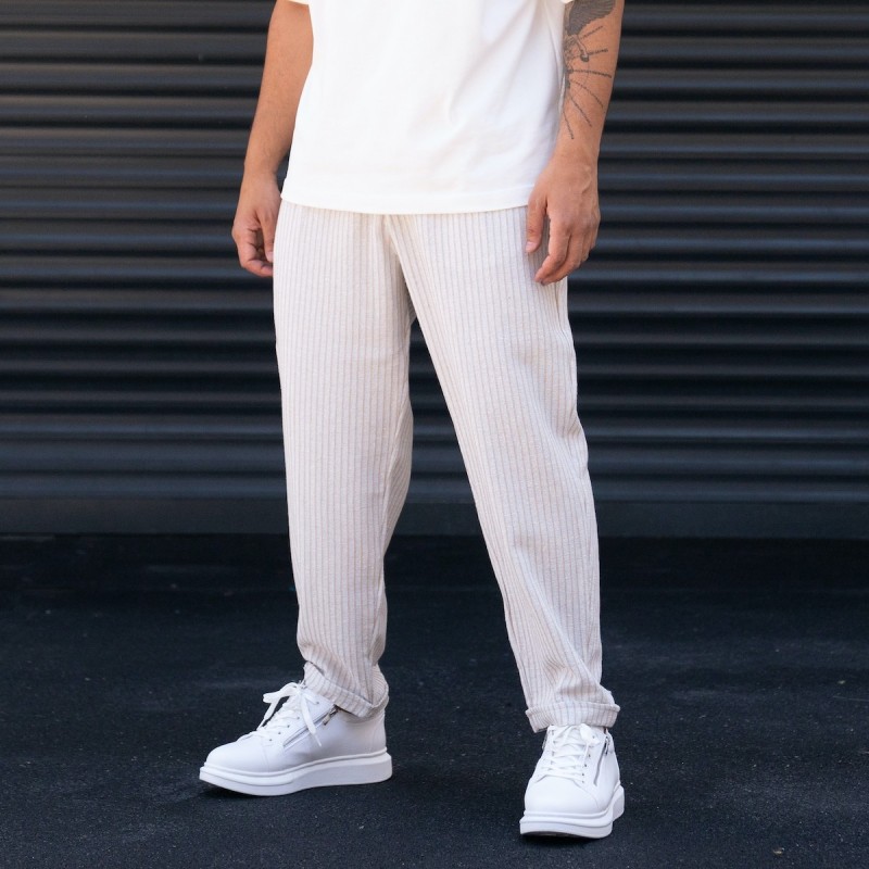 Men's Oversized Striped Beige Linen Trousers