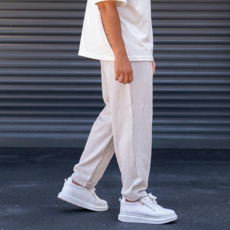 Men's Oversized Striped Beige Linen Trousers