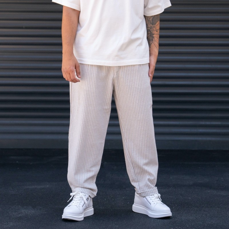 Men's Oversized Striped Beige Linen Trousers 2