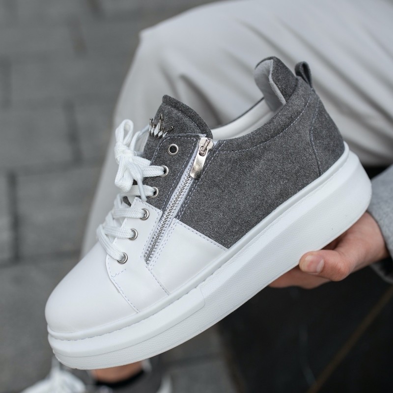 Sneakers Suela Gruesa Cremallera Gris-Blanco - 5
