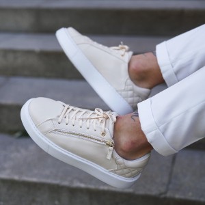 Men's Low Top Sneakers Gold Zipper Casual Shoes Cream - 1