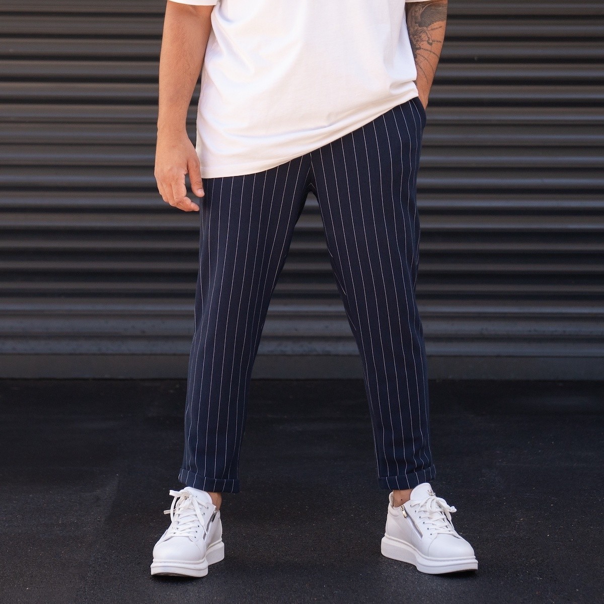 Men's Striped Trousers In Navy Blue