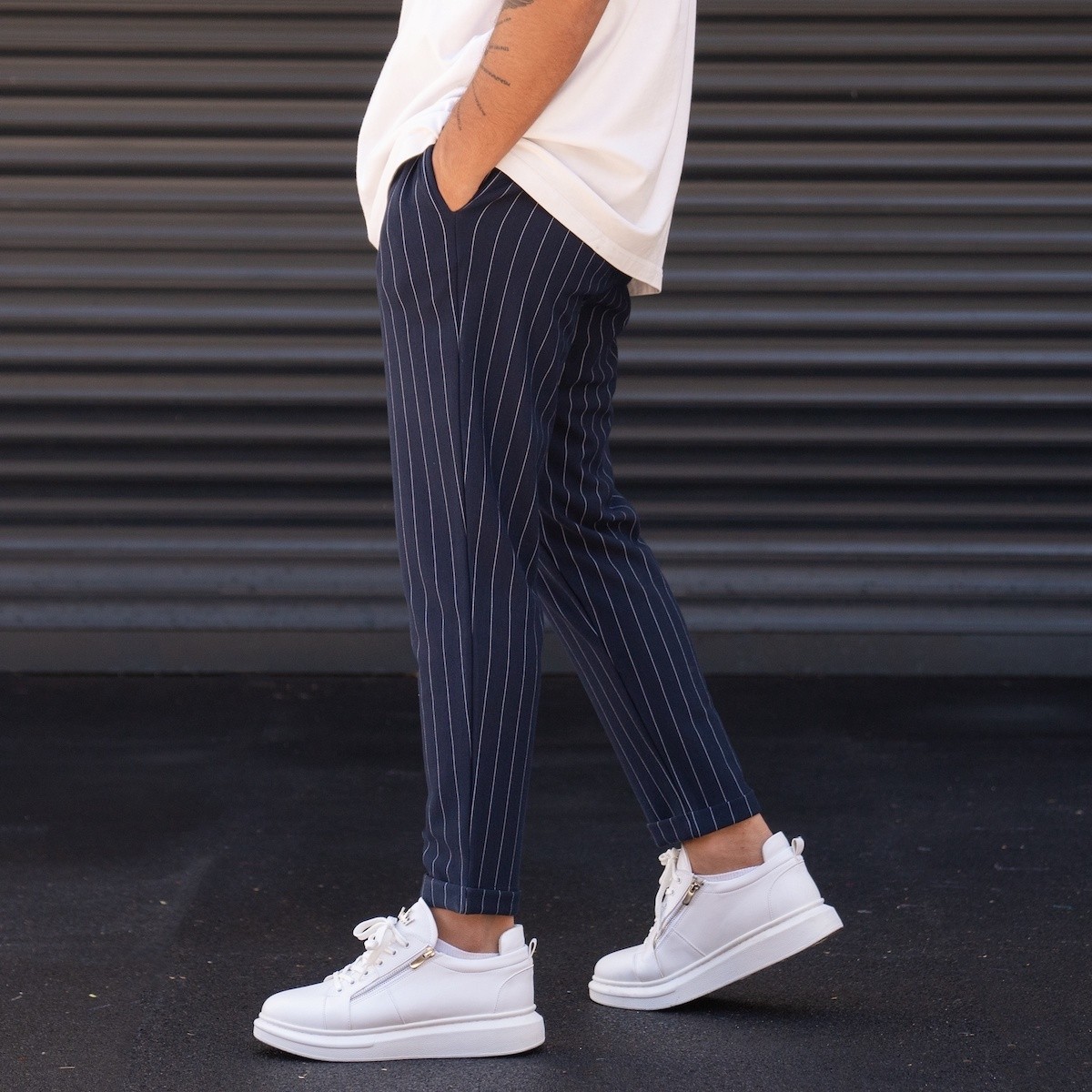 Men's Striped Trousers In Navy Blue