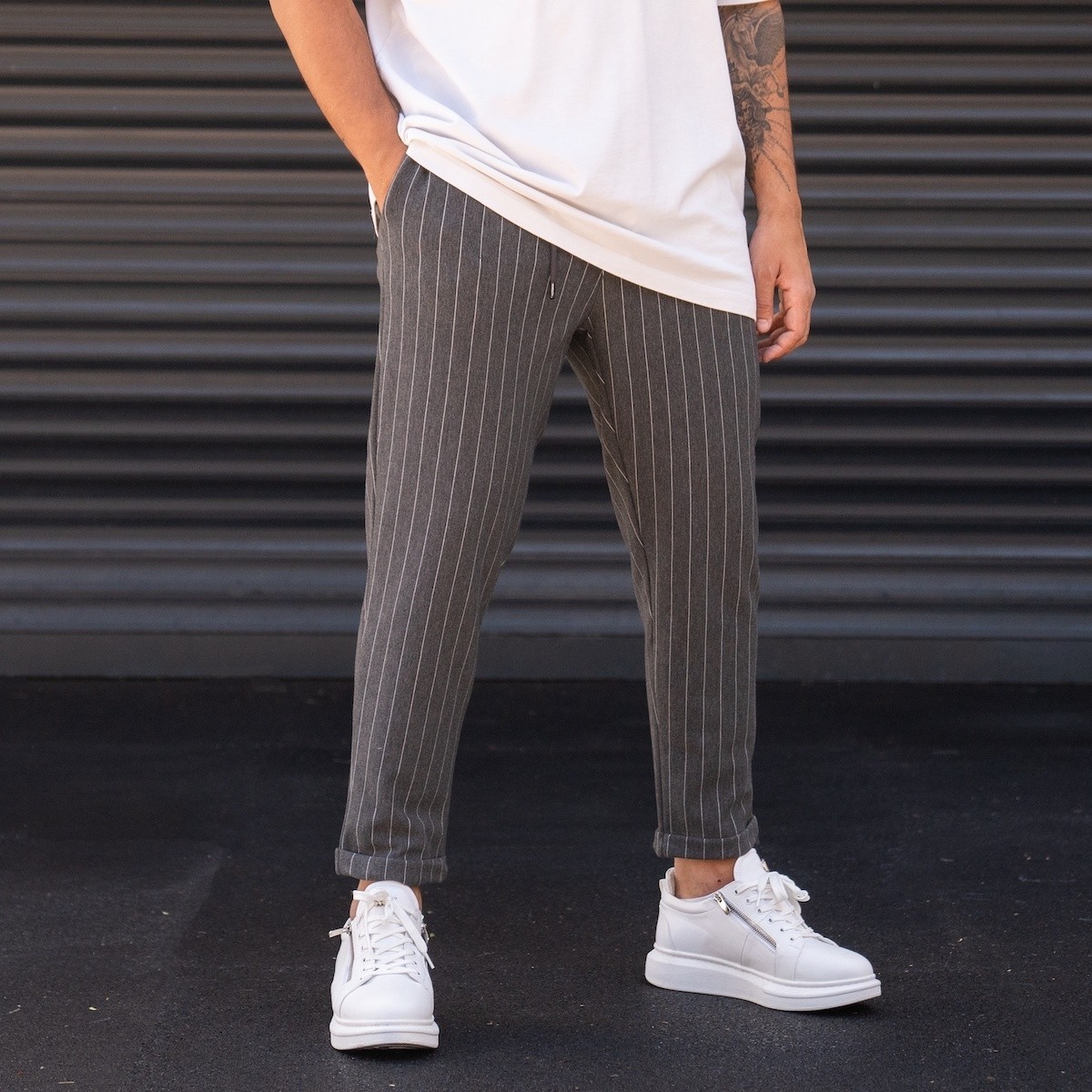 Pantalon Oversize Rayé Anthracite Homme