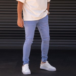 Vaqueros lavados vintage de lycra azul hielo slim fit para hombre