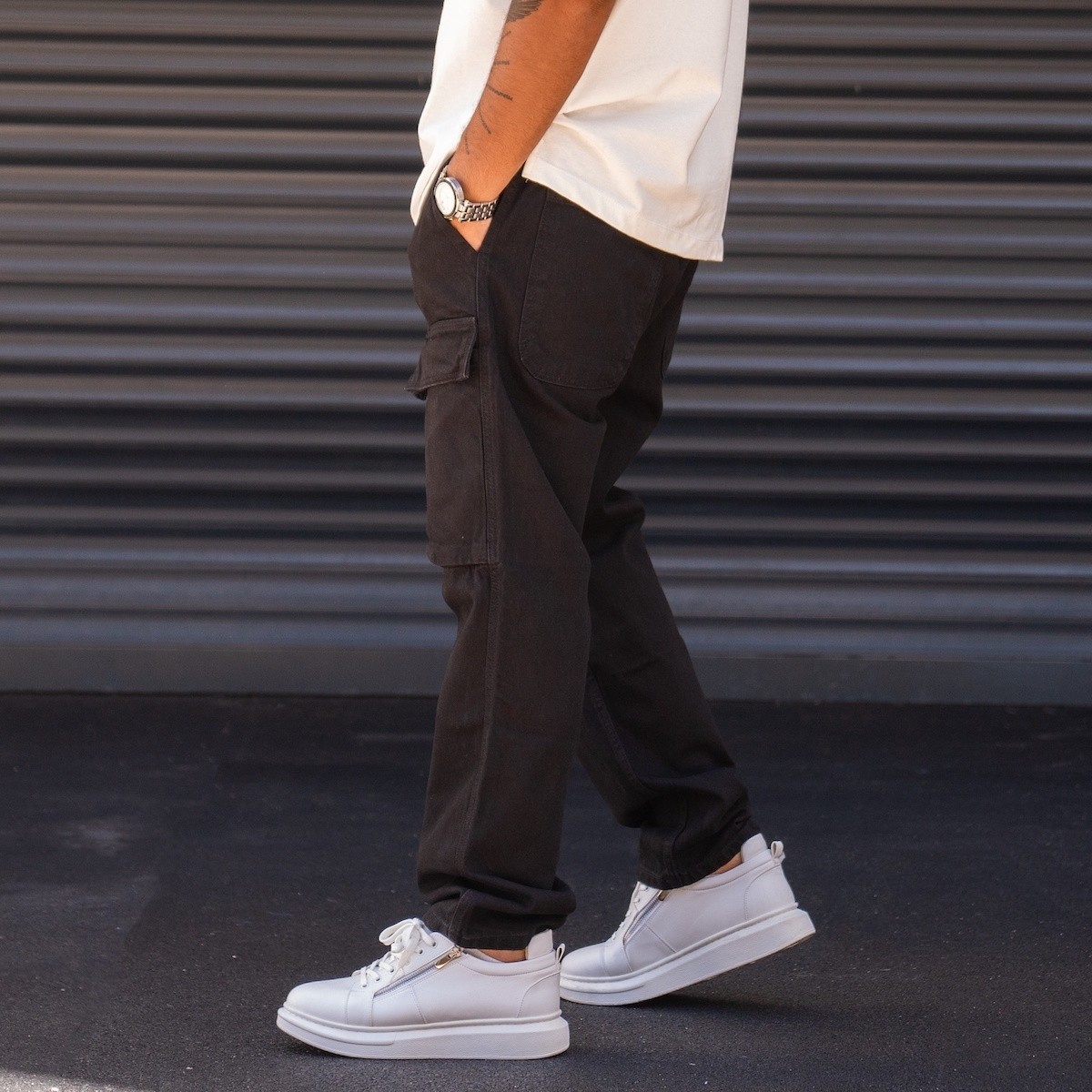 Men's Oversize Black Cargo Pants With Pockets - 5