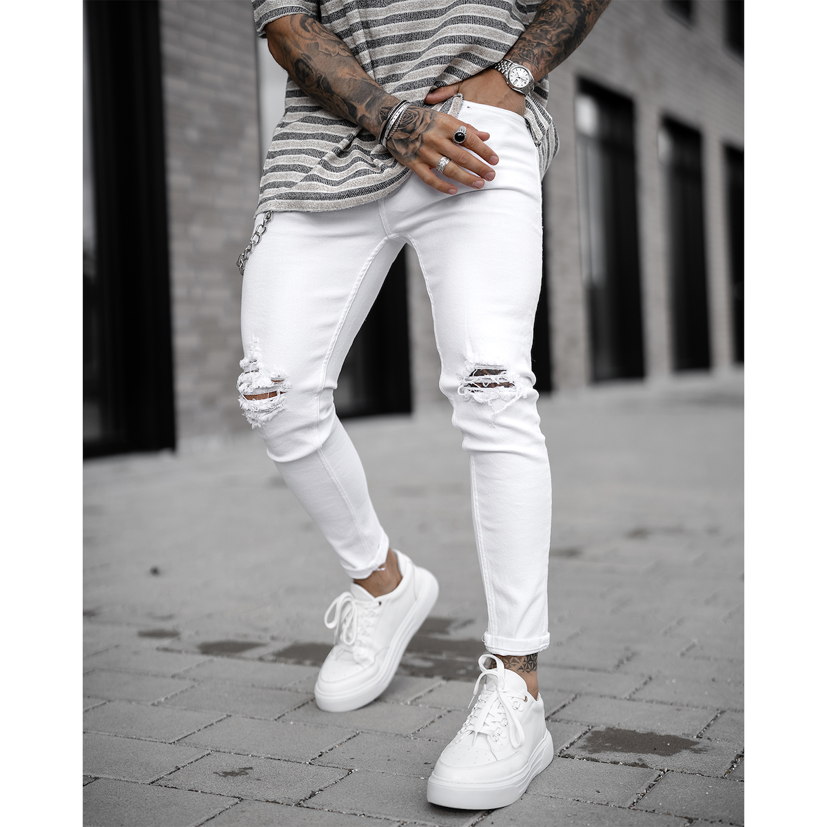 Men's Skinny Leg Ripped Knees White Jeans 2