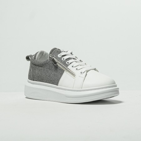Sneakers Suela Gruesa Cremallera Gris-Blanco - 2