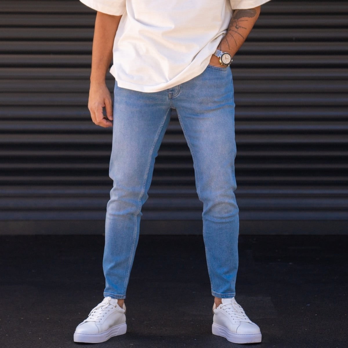 Men's Slim-Fit Ice Blue Stone Washed Lycra Jeans
