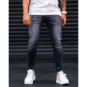 Ripped Detail Slim Fit Jeans in Washed Black