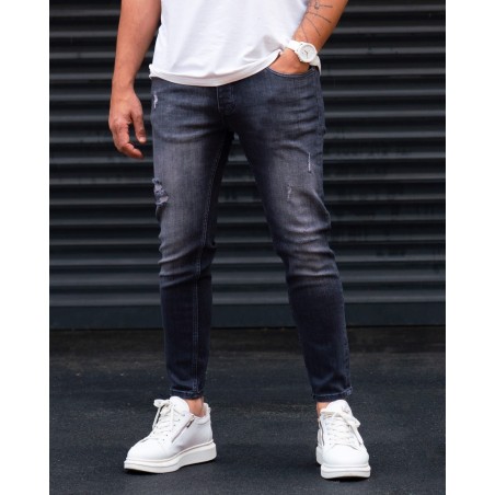 Ripped Detail Slim Fit Jeans in Washed Black