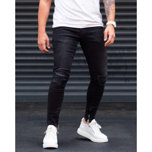 Ripped Slim Fit Jeans in Washed Black with Zipped Cuffs