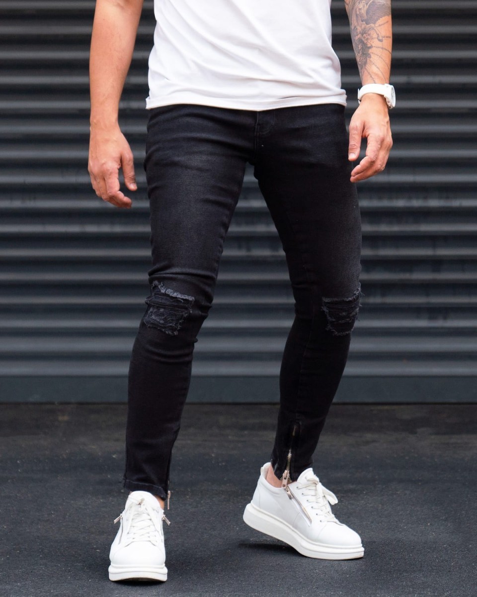 Ripped Slim Fit Jeans in Washed Black with Zipped Cuffs 2