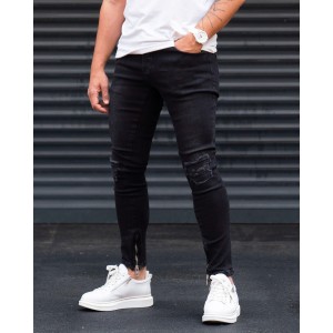 Ripped Slim Fit Jeans in Washed Black with Zipped Cuffs
