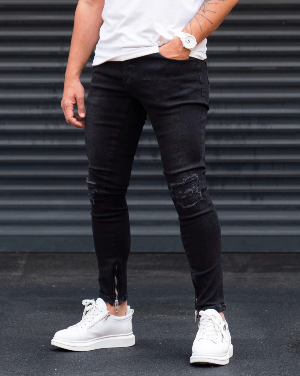 Ripped Slim Fit Jeans in Washed Black with Zipped Cuffs
