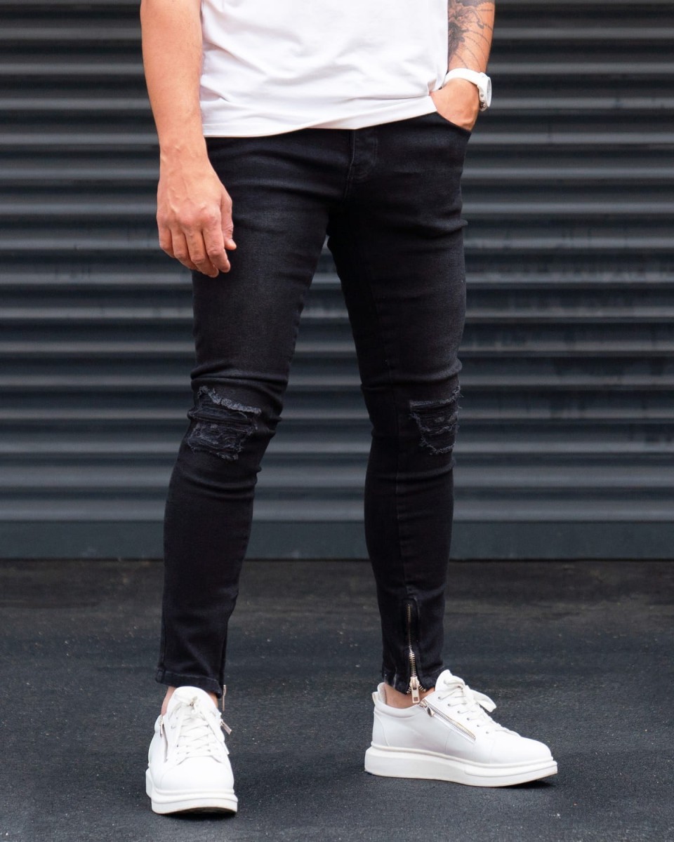 Ripped Slim Fit Jeans in Washed Black with Zipped Cuffs