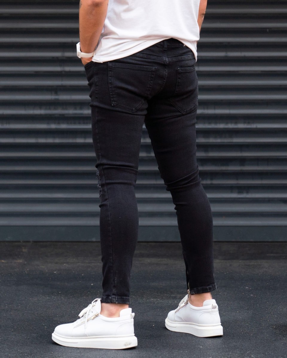 Ripped Slim Fit Jeans in Washed Black with Zipped Cuffs