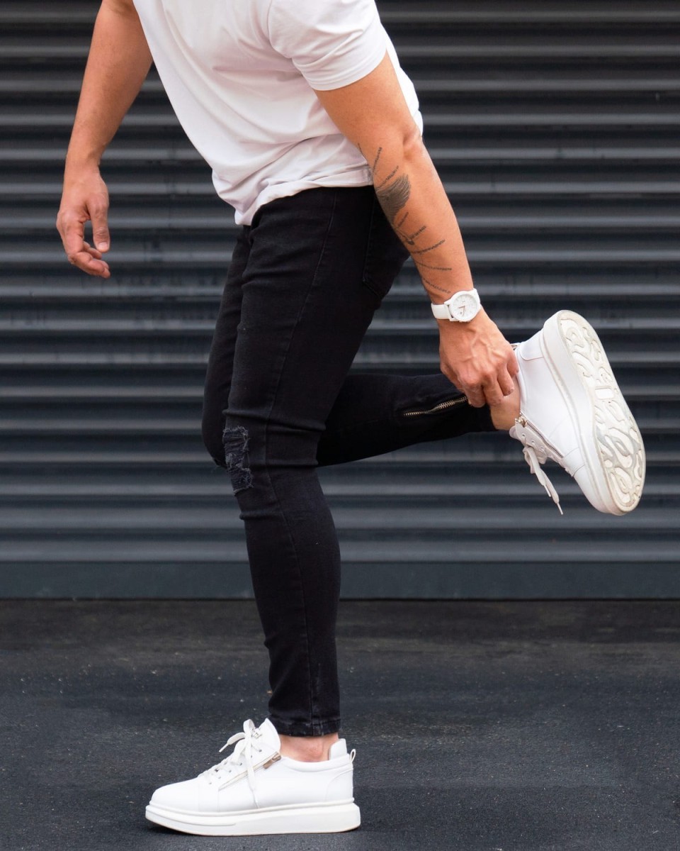 Ripped Slim Fit Jeans in Washed Black with Zipped Cuffs