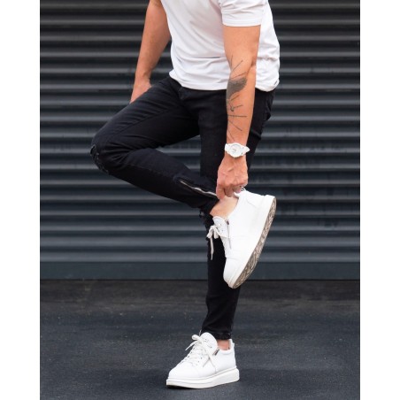 Ripped Slim Fit Jeans in Washed Black with Zipped Cuffs