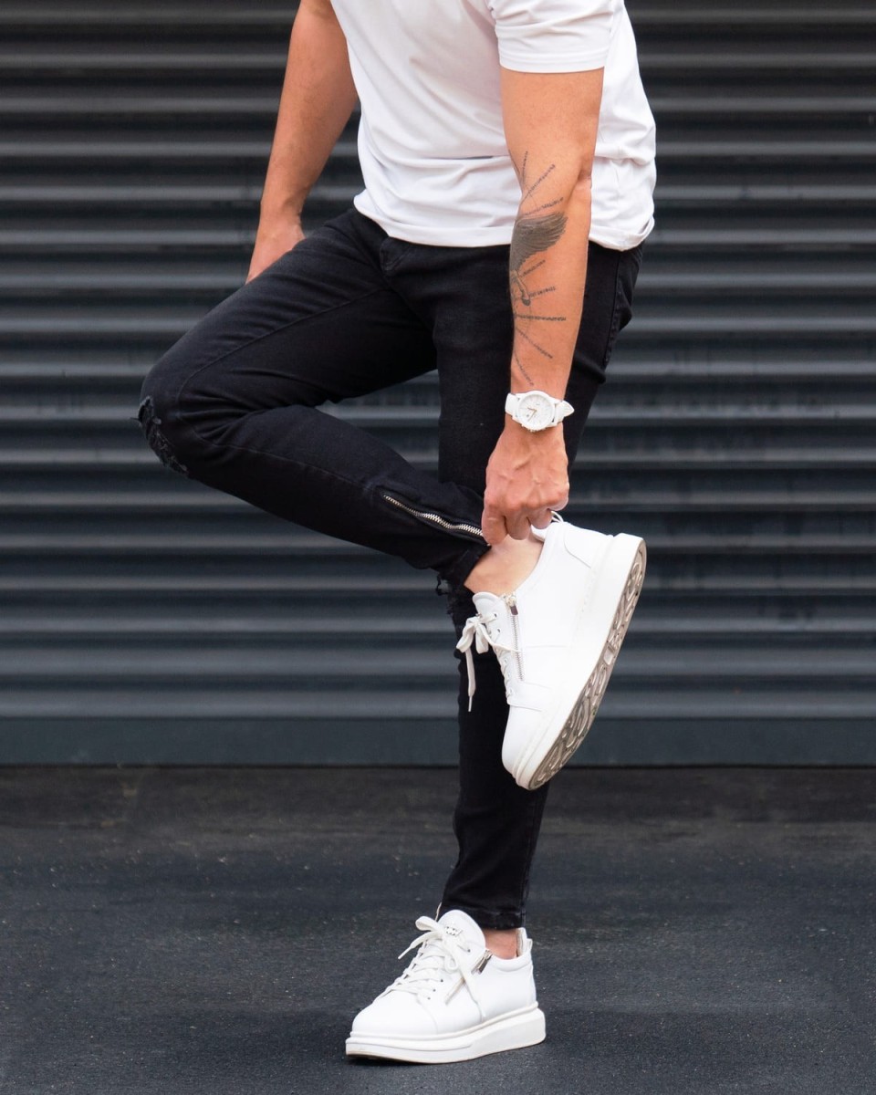 Ripped Slim Fit Jeans in Washed Black with Zipped Cuffs