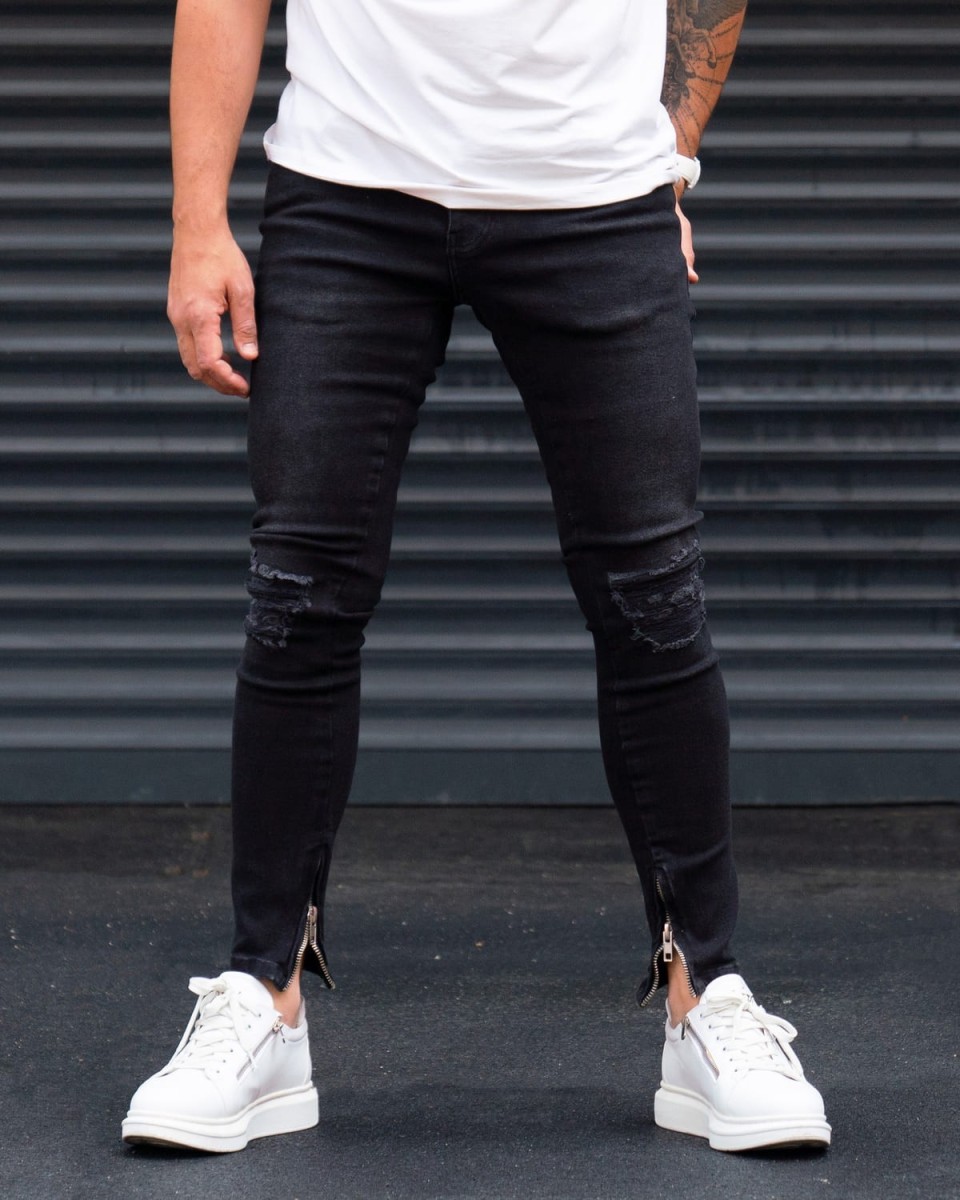 Ripped Slim Fit Jeans in Washed Black with Zipped Cuffs