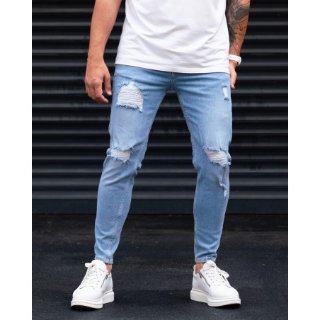 Ripped Slim Fit Jeans in Washed Blue