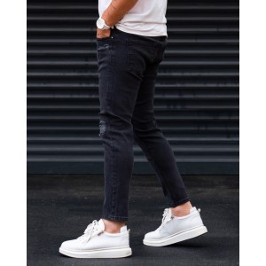 Vintage Washed Ripped Slim Fit Jeans in Black