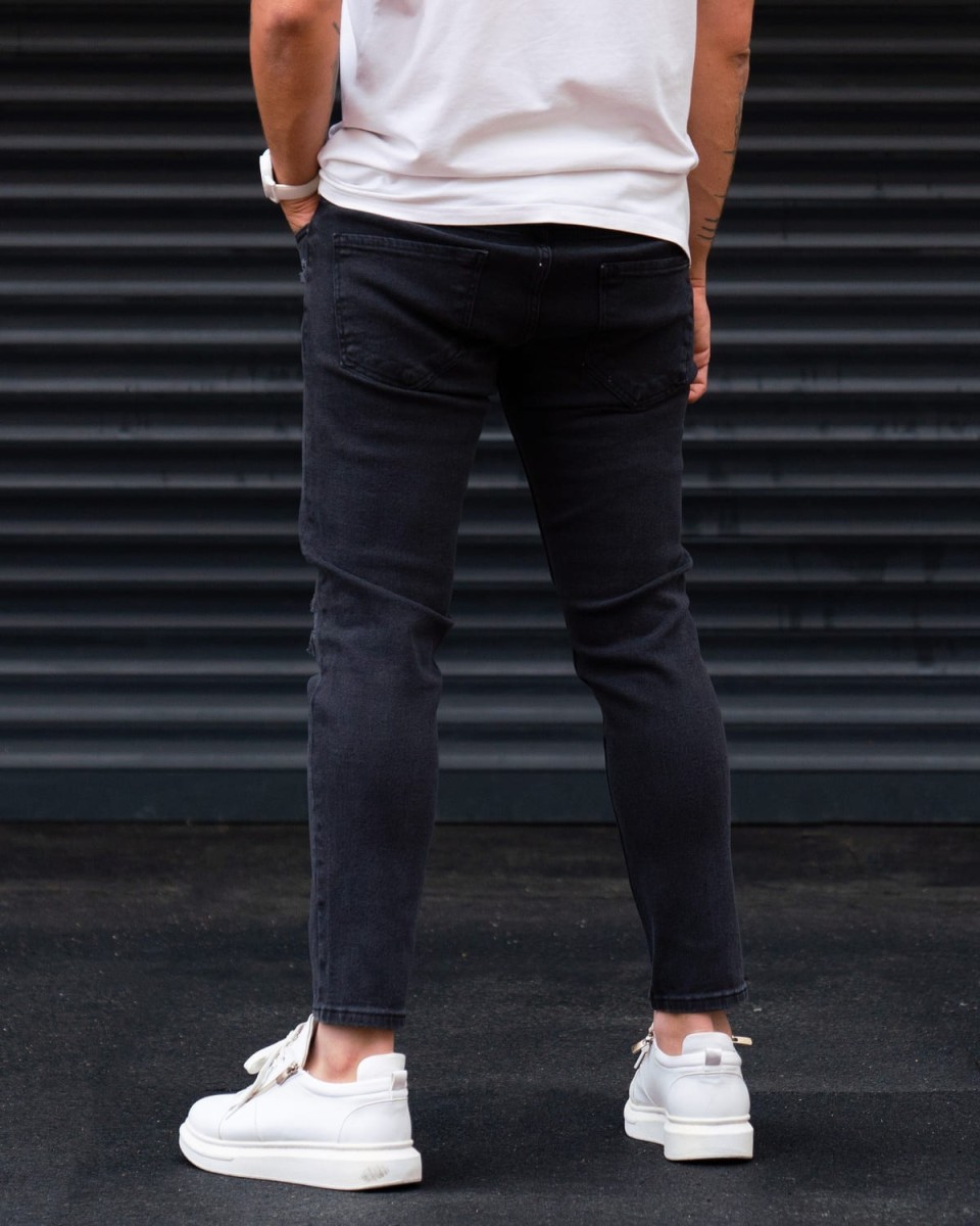 Vintage Washed Ripped Slim Fit Jeans in Black