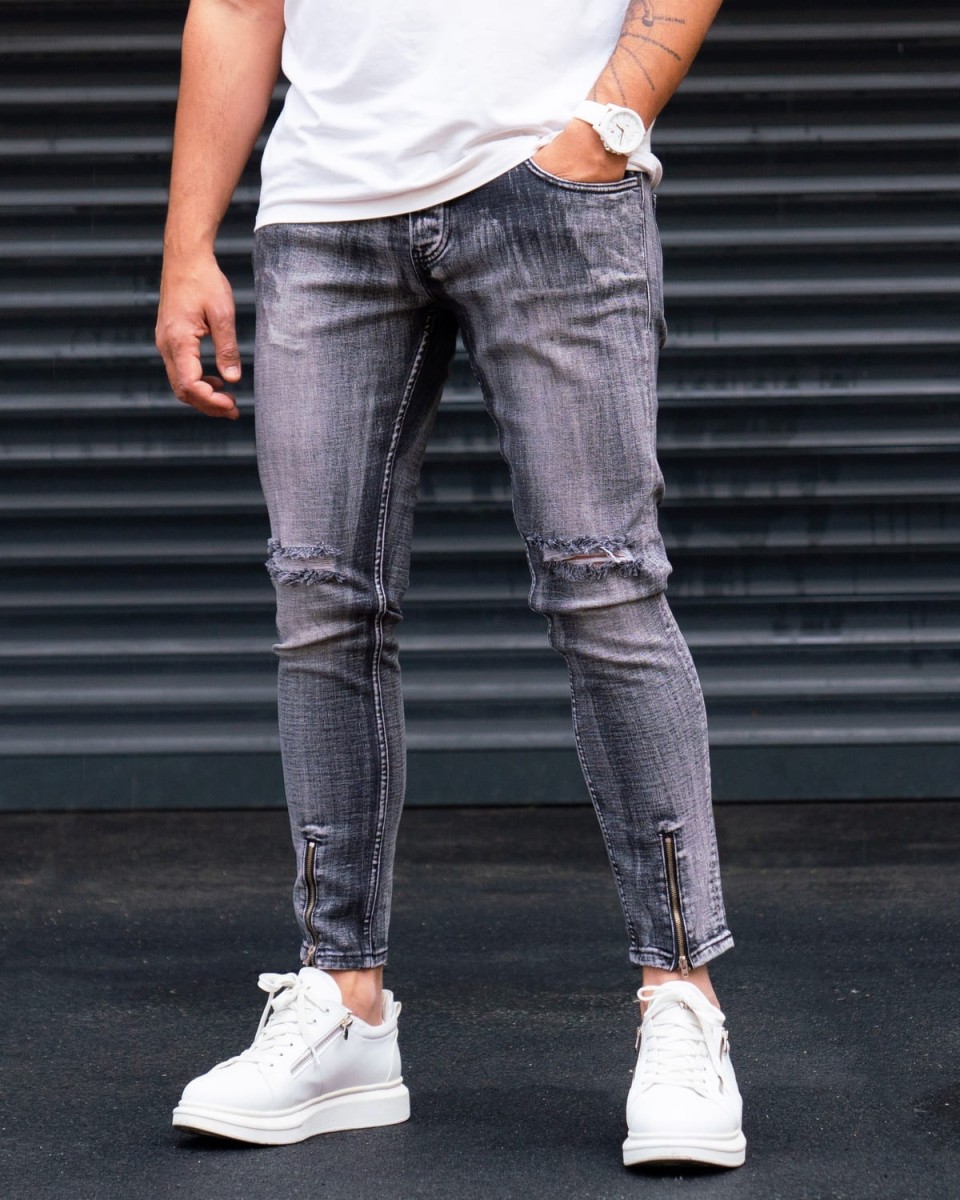 Slim Fit Jeans in Washed Black with Zipped Cuffs 2